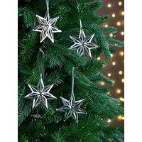 Very Home Set Of 4 Silver Metal Star Hanging Christmas Tree Decorations