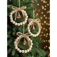 Very Home Set Of 3 Beaded Wooden Wreath Christmas Tree Decorations