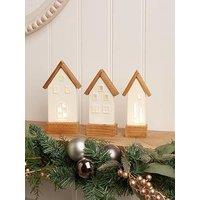 Very Home Set Of 3 Ceramic & Wood Led House Christmas Decorations