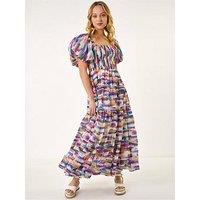 Roman Dusk Abstract Puff Sleeve Tiered Dress - Pink