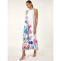 Roman Floral Placement Halter Neck Midi Dress - Pink
