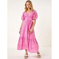 Roman Dusk Broderie Anglaise Tiered Maxi Dress - Pink