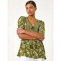 Roman Floral Print Tassel Tunic Top - Olive