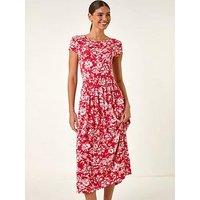Roman Floral Print Stretch Midi Dress - Red