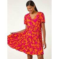 Roman Shadow Floral Tiered Smock Dress - Fuchsia