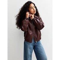 New Look 915 Girls Faux Leather Bomber Jacket - Dark Red