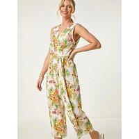Roman Petite Leaf Border Print Jumpsuit - Ivory