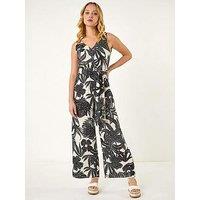 Roman Dusk Tropical Palm Print Jumpsuit - Black