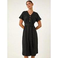 Roman Button Linen Mix Midi Dress - Black