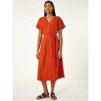 Roman Button Linen Mix Midi Dress - Orange