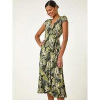 Roman Floral Stretch Midi Wrap Dress - Khaki