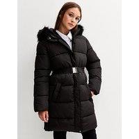 New Look 915 Girls Faux Fur Trim Padded Midi Coat - Black