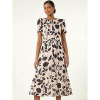 Roman Flower Print Pleat Neck Midi Dress - Cream