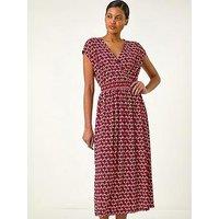 Roman Geo Print V-Neck Stretch Midi Dress - Red