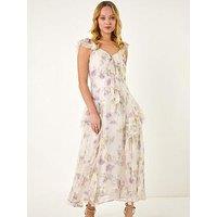 Roman Dusk Floral Print Ruffle Maxi Dress - White