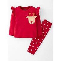 The Very Collection Baby Girls Reindeer Rib Long Sleeve Christmas T-Shirt And Legging Set - Red