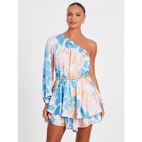 Quiz Blue One Shoulder Floral Playsuit