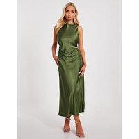 Quiz Khaki Satin Ruched Midi Dress
