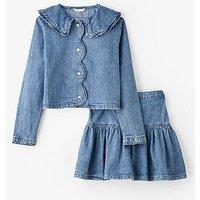 The Very Collection Girls Denim Shirt With Frill Collar And Button Up Skirt Outfit - Mid Wash