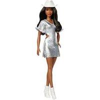 Barbie Fashionistas Doll #239 In Sparkly Silver Dress With Cowboy Hat And Boots, Black Hair