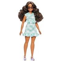 Barbie Fashionistas Doll #240 In Green Gingham Dress And Sunglasses, Wavy Dark Brown Hair