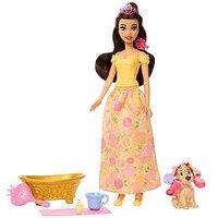 Disney Princess Bathe & Brush Belle Fashion Doll & Dog Figure With Color Change & Accessories