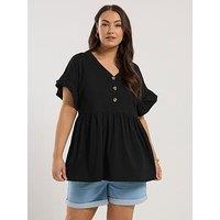 Yours Curve Frill Sleeve Button Peplum Top - Black