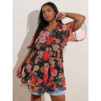 Yours Curve Ruffle Angel Sleeve Dress - Black