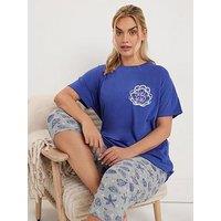 Yours Curve Shell Yeah Sleeptee Crop Pyjama Set - Blue
