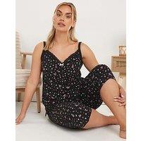 Yours Curve Ditsy Berries Cami Crop Pyjama Set - Black