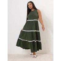Yours Curve Contrast Trim Tiered Dress - Green