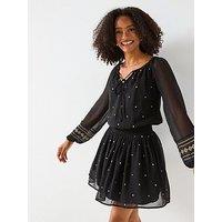 V By Very Shirred Waist Elasticated Neck Mini Dress - Black