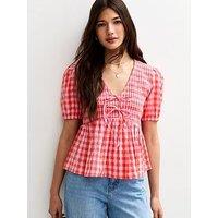 New Look Pattern Shirred Tie Top - Red