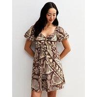 New Look Shell Print Puff Sleeve Mini Dress - Brown