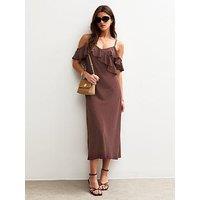 New Look Vivian Spot Ruffle Strappy Midi - Brown