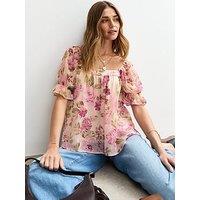 New Look Floral Print Chiffon Smock Top - Cream