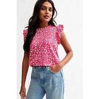 New Look Abstract Print Frill Sleeve Top - Pink