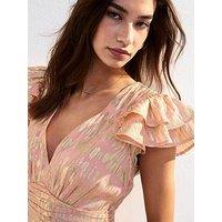 New Look Jacquard Frill Sleeve Empire Line Midi Dress - Pink