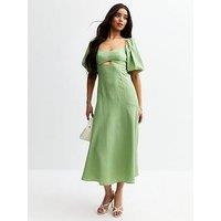 New Look Linen Blend Puff Sleeve Midi Dress - Light Green