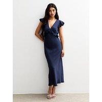 New Look Navy Ruffled Satin V-Neck Midi Dress - Blue