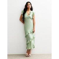 New Look Satin Ruffled Midi Dress - Green