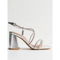 New Look Wide Fit Silver Diamante Embellished Block Heel Sandals - Silver