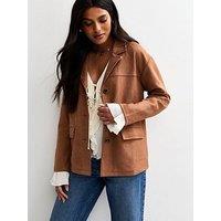 New Look Tan Faux Suede Button Up Jacket - Brown