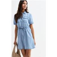 New Look Light Blue Chambray Denim-Look Mini Shirt Dress