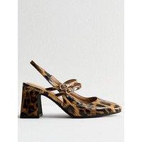 New Look Brown Leopard Print Block Heel Mary Jane Shoes - Beige