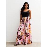 New Look Pink Palm Print Palazzo Trousers - Cream
