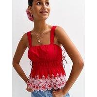 New Look Floral Embroidered Shirred Cami Top - Red