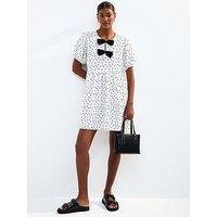 New Look White Bow Front Polka Dot Crinkle Texture Mini Dress