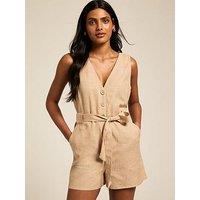 New Look Stone V-Neck Belted Playsuit - Beige