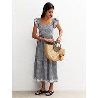 New Look Black Gingham Print Embroidered Frill Sleeve Tiered Midi Dress